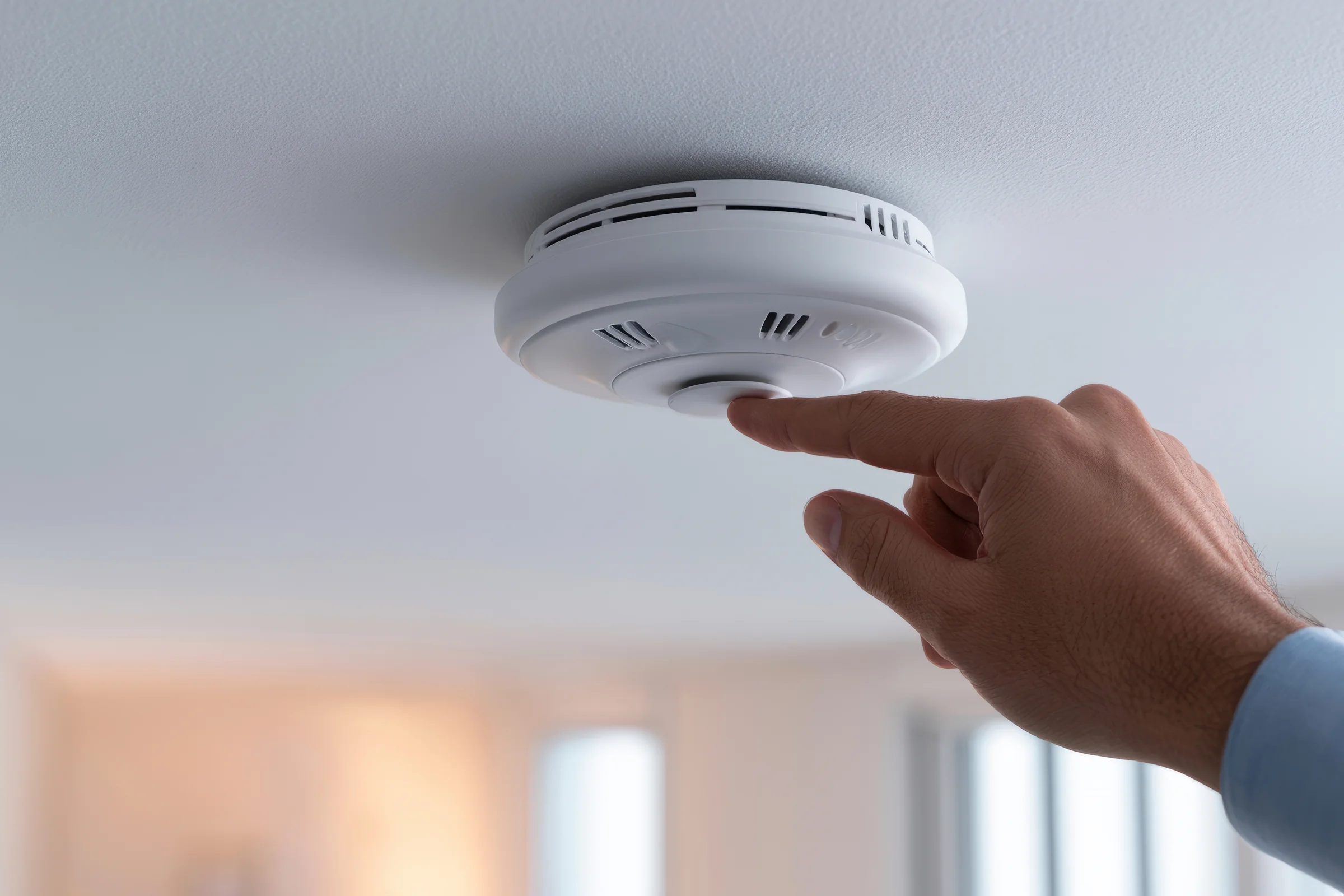 Main appuyant sur le bouton de test d’un détecteur de fumée fixé au plafond